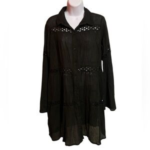 Boohoo Black Button-Up Tunic with Lace Accents Women 12